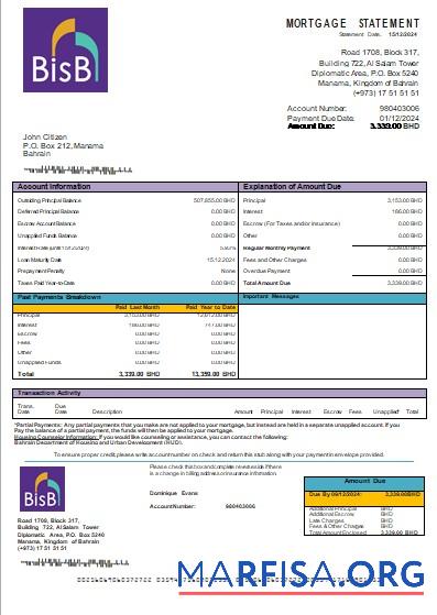 Printable Bahrain BISB bank mortgage statement scr sample